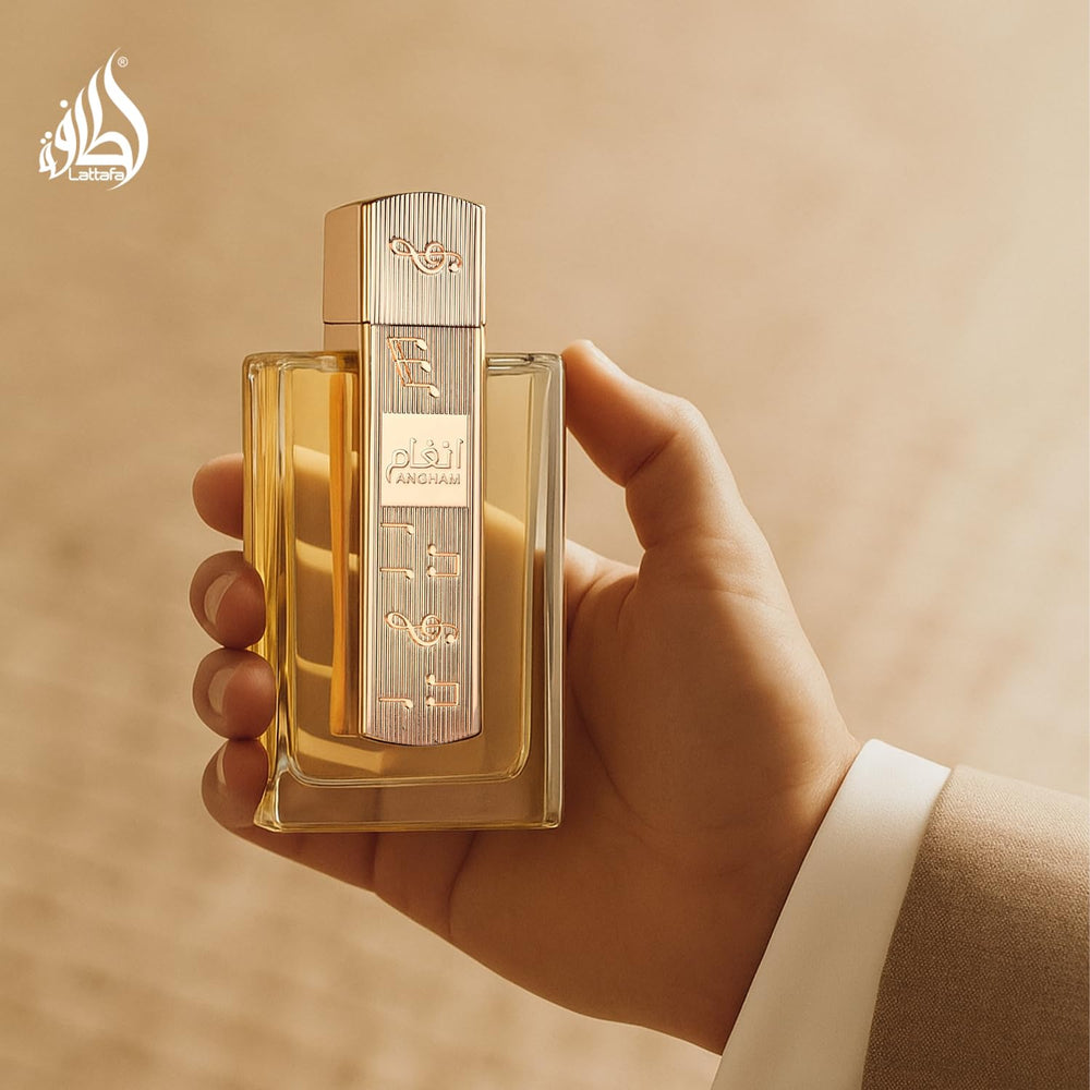 Lattafa Angham middle notes of lavender and praline add creamy sophistication.