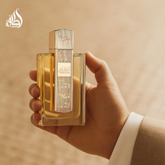Lattafa Angham middle notes of lavender and praline add creamy sophistication.