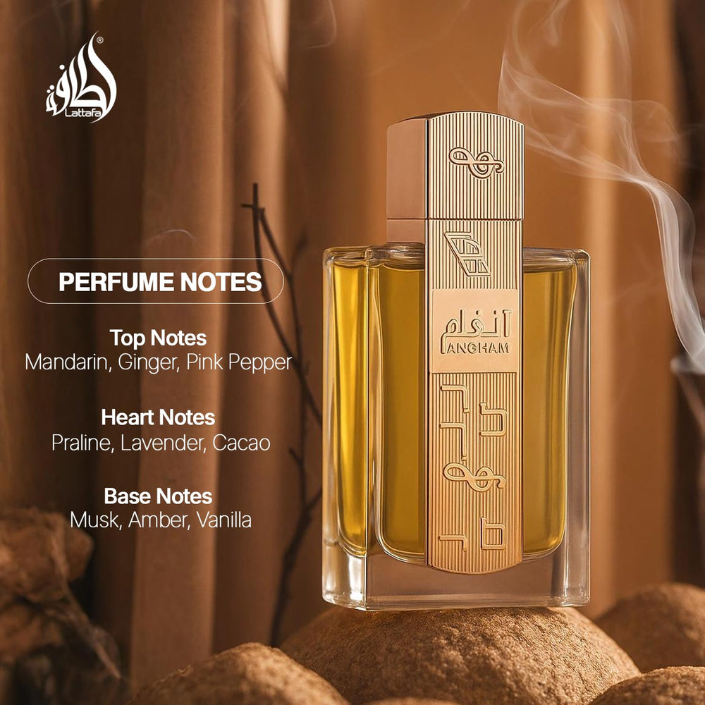 Lattafa Angham packaging box showcasing premium presentation, ideal for gifting.