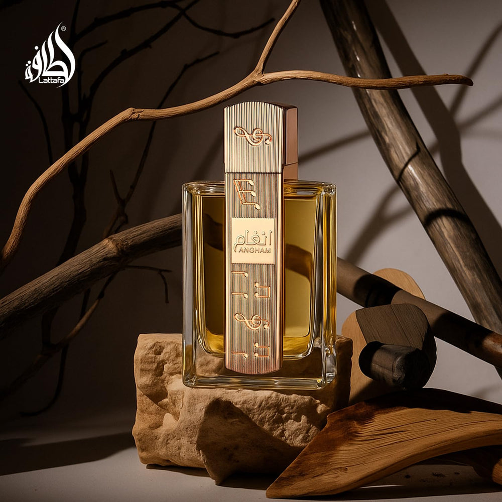 Lattafa Angham unisex fragrance visual evokes versatility for all-day wear.