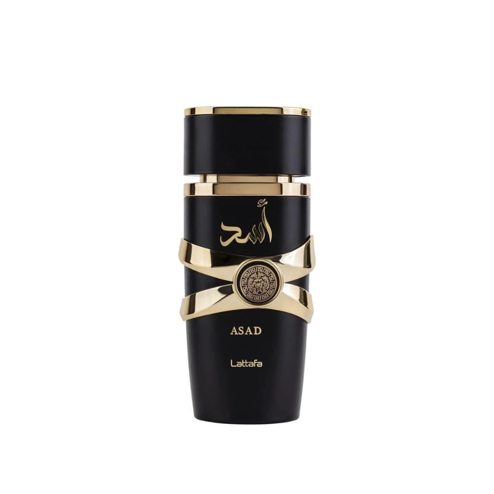 Lattafa Asad bottle pour image shows sleek packaging for versatile day-to-night wear.