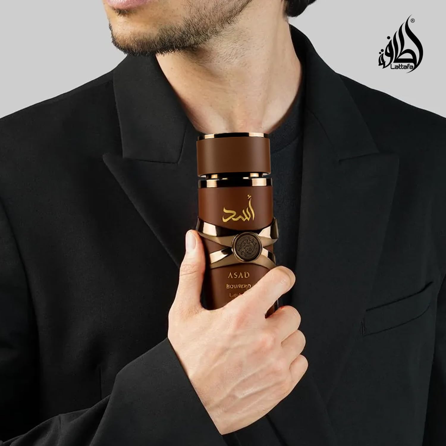 Lattafa Asad Bourbon base notes closeup, vetiver and vanilla bourbon offer lasting depth.