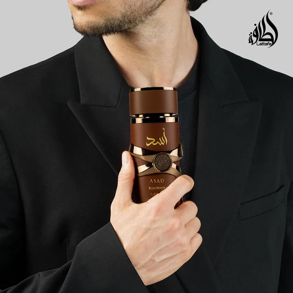 Lattafa Asad Bourbon base notes closeup, vetiver and vanilla bourbon offer lasting depth.