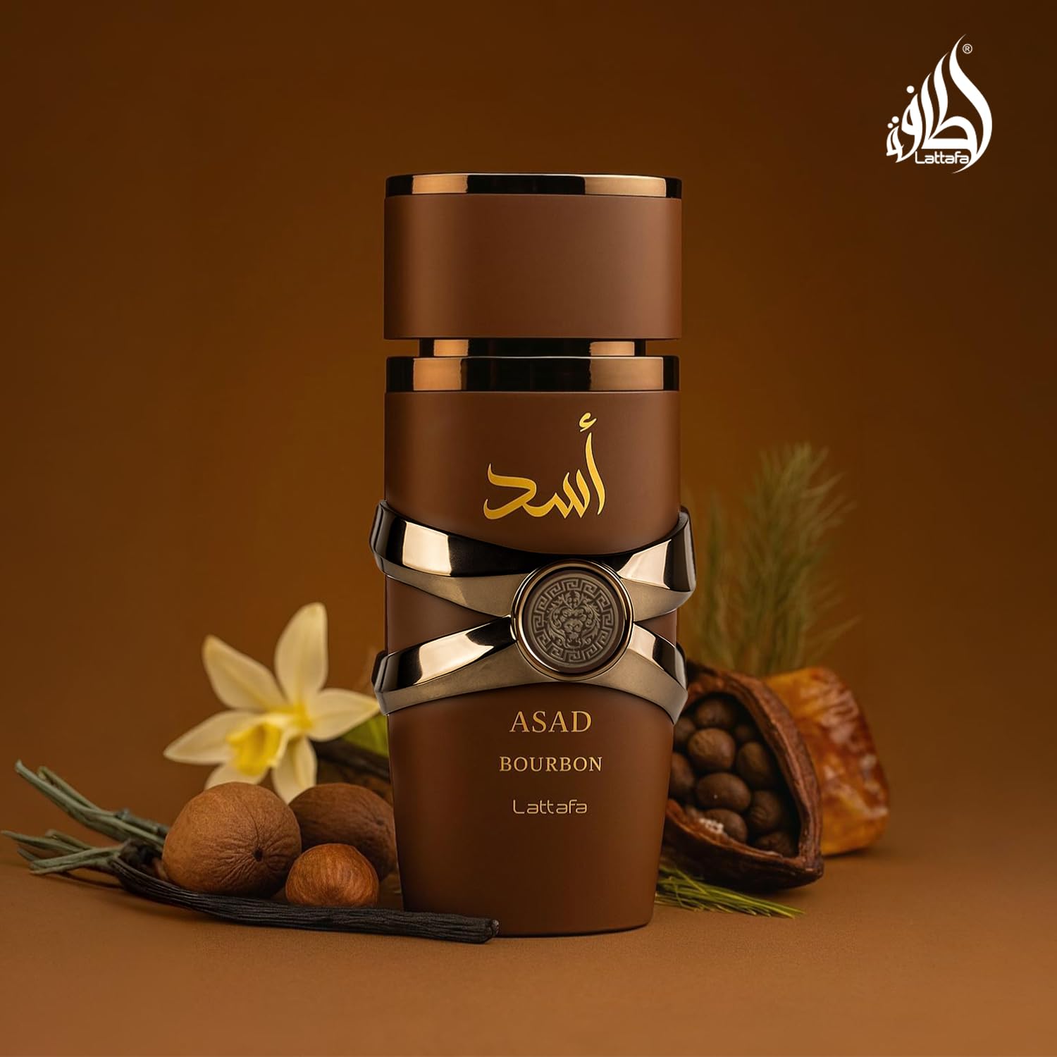 Lattafa Asad Bourbon heart notes closeup, cacao and nutmeg evoke warm intrigue.