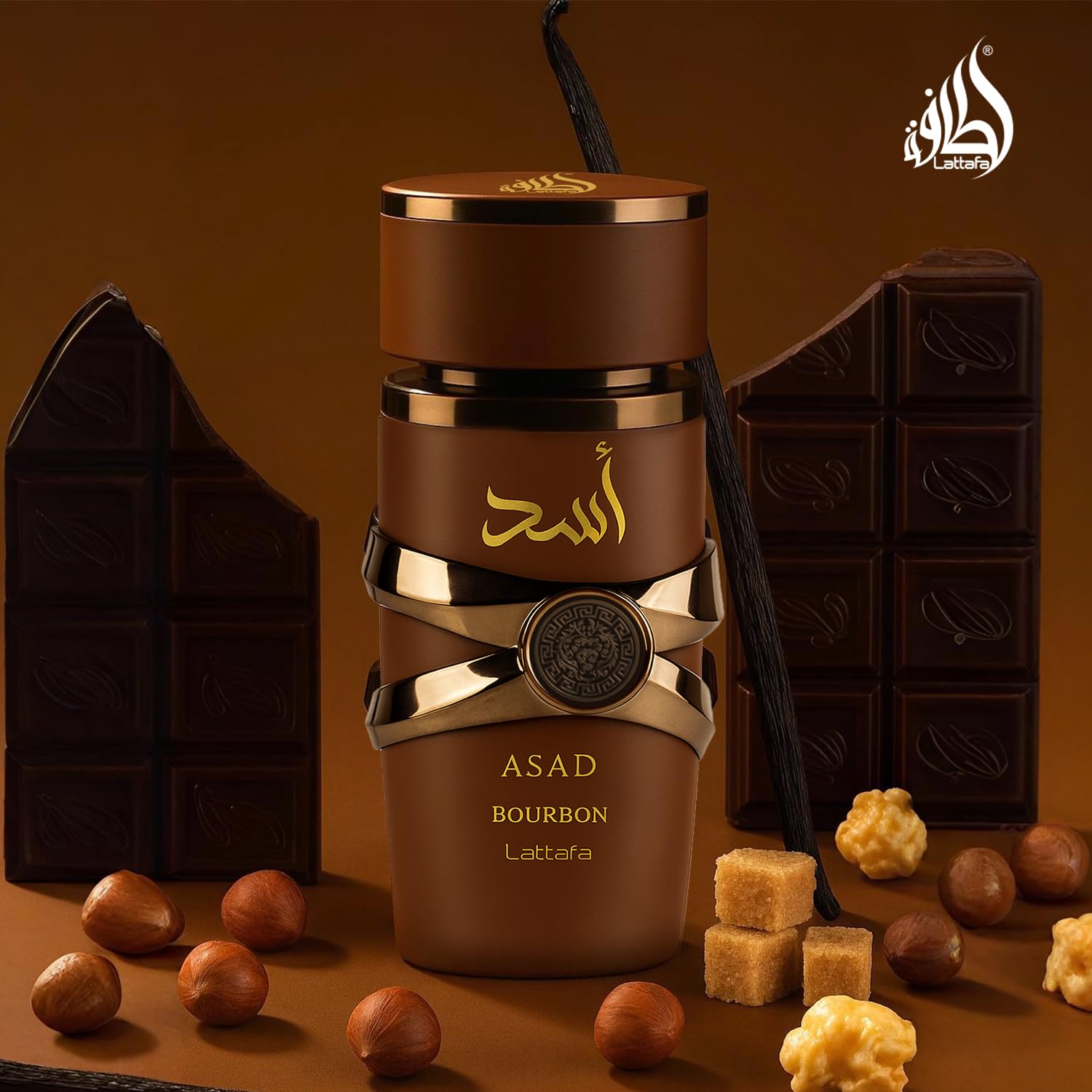 Lattafa Asad Bourbon label detail, luxurious branding and classy appeal.