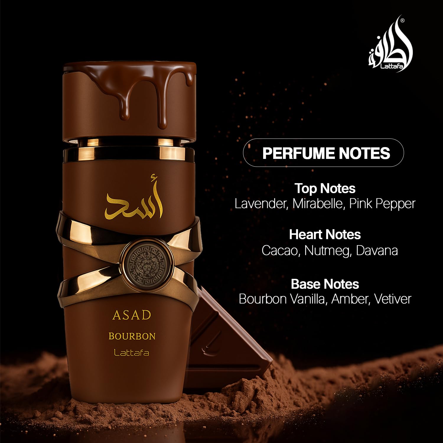 Lattafa Asad Bourbon top notes closeup, vibrant pink pepper and lavender spark curiosity.