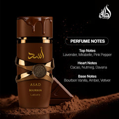 Lattafa Asad Bourbon top notes closeup, vibrant pink pepper and lavender spark curiosity.