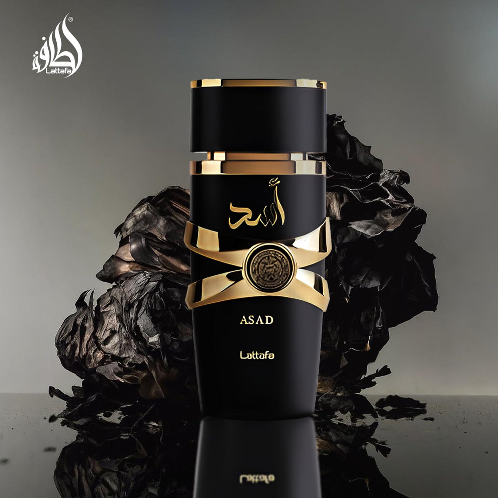 Lattafa Asad heart notes image highlights coffee, patchouli, iris for a warm, inviting aura.