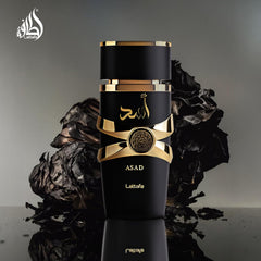 Lattafa Asad heart notes image highlights coffee, patchouli, iris for a warm, inviting aura.
