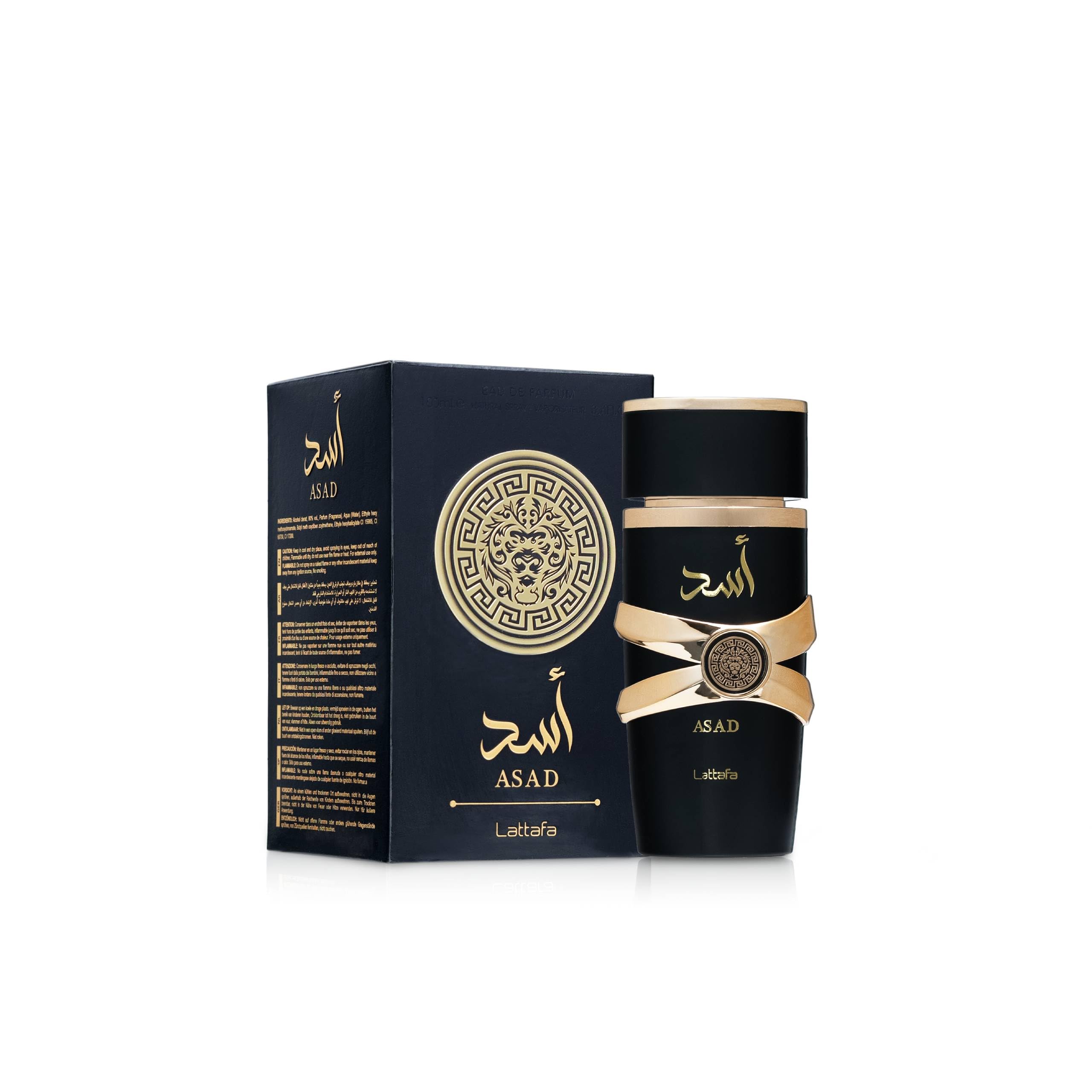 Lattafa Asad ingredients label hints at oud and musk notes for a refined profile.
