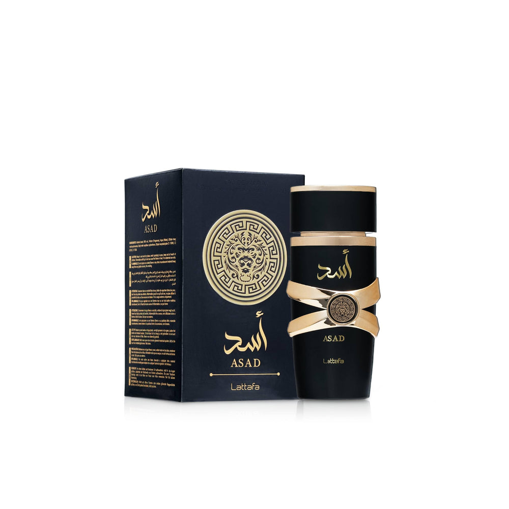 Lattafa Asad ingredients label hints at oud and musk notes for a refined profile.