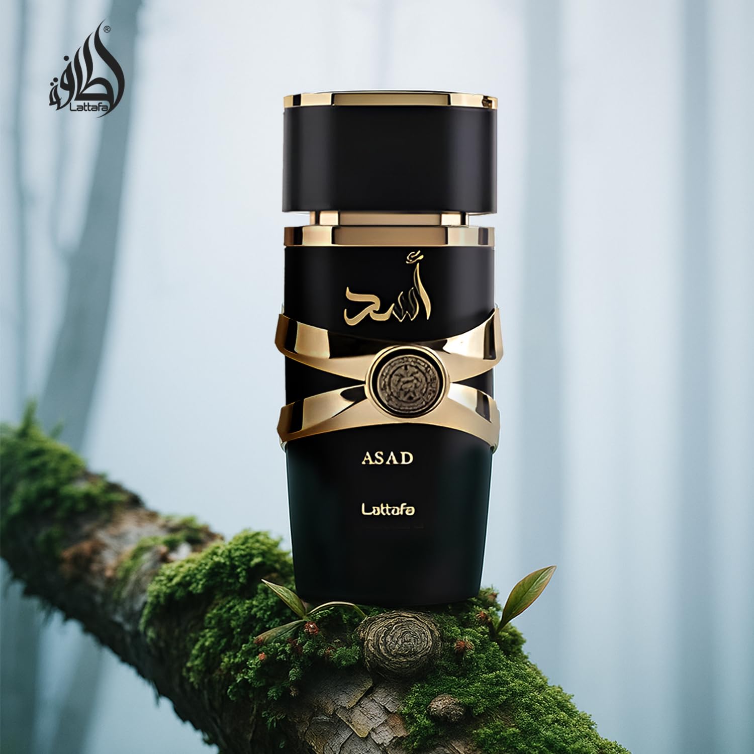 Lattafa Asad long-lasting fragrance image suggests all-day scent without reapplication.
