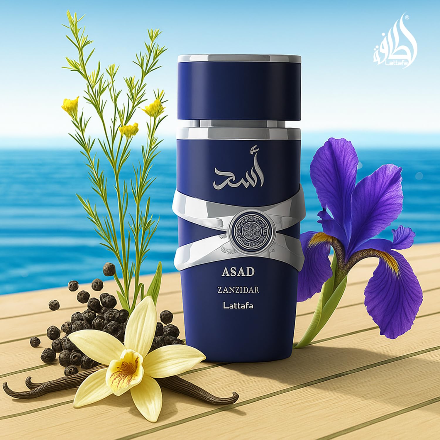 Lattafa Asad Zanzibar base notes closeup conveys vanilla warmth and incense elegance.
