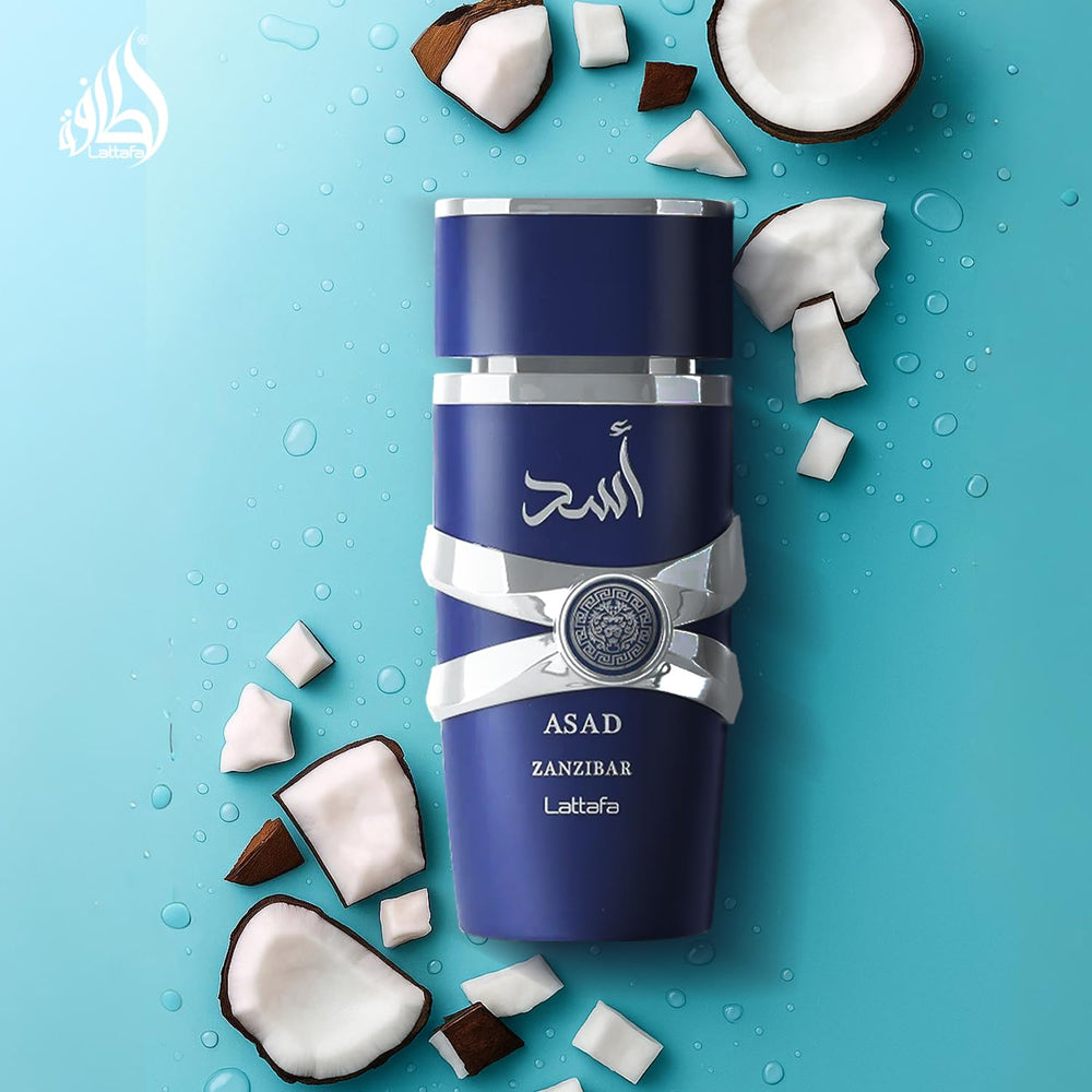 Lattafa Asad Zanzibar lifestyle shot fuels wanderlust and versatile wear.