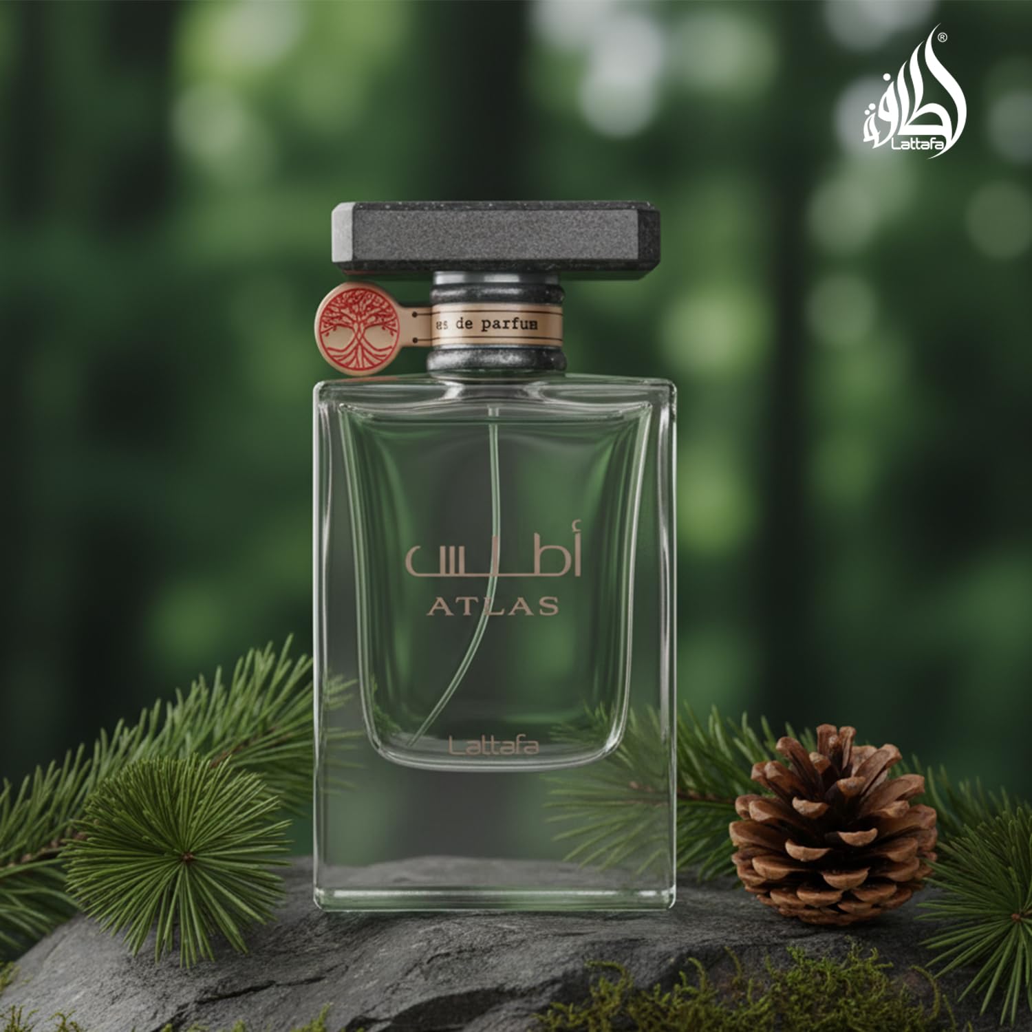 Lattafa Atlas base-notes ambergris sandalwood oakmoss detailed showcases warm, resinous depth