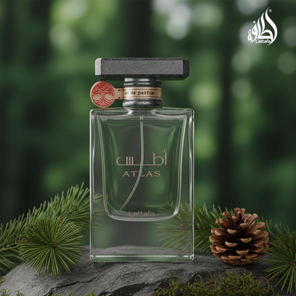 Lattafa Atlas base-notes ambergris sandalwood oakmoss detailed showcases warm, resinous depth