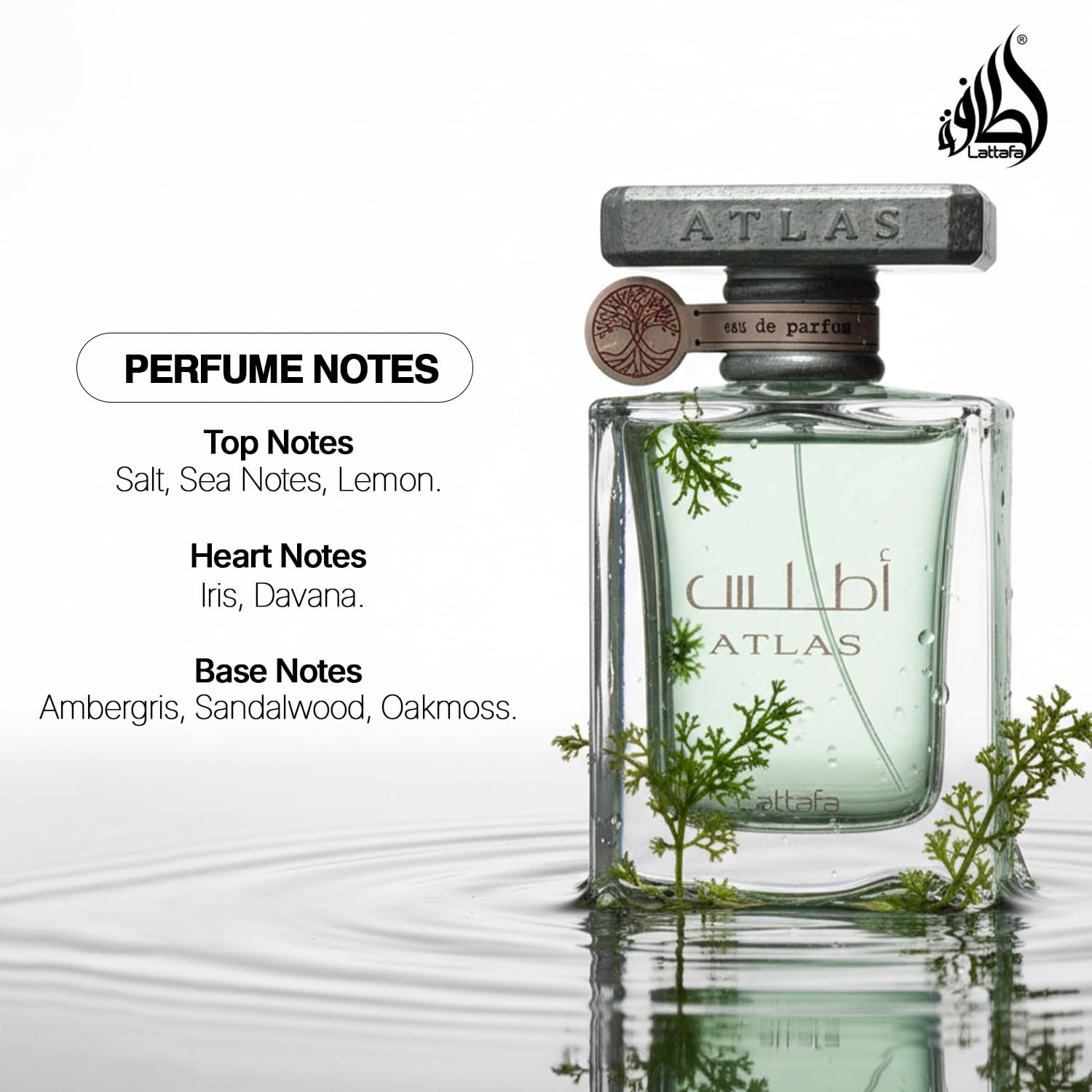 Lattafa Atlas bottle side angle showing sleek design for refined style