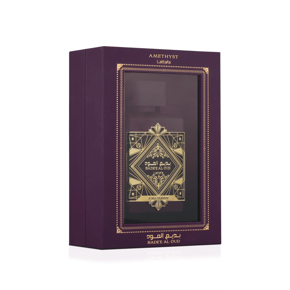 Lattafa Bade'e Al Oud Amethyst amber-vanilla note visual suggests warm evening allure.