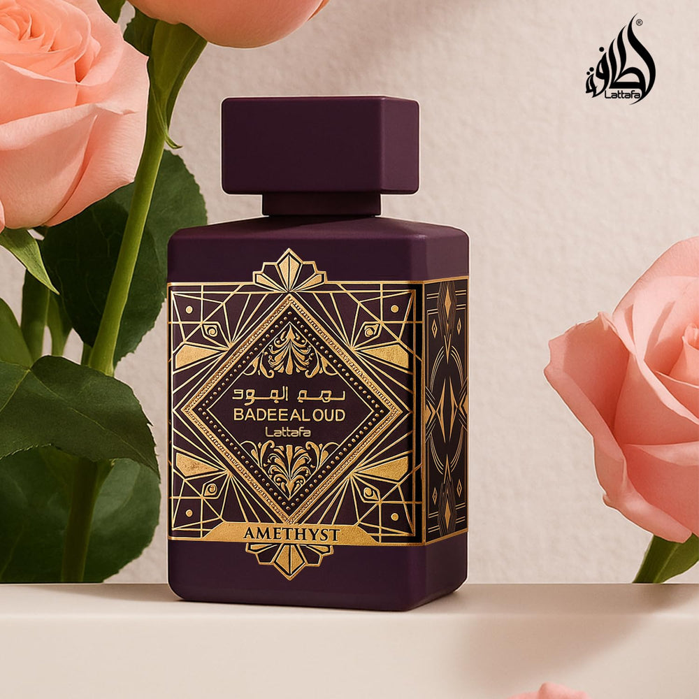 Lattafa Bade'e Al Oud Amethyst cap detail highlights premium bottle design.