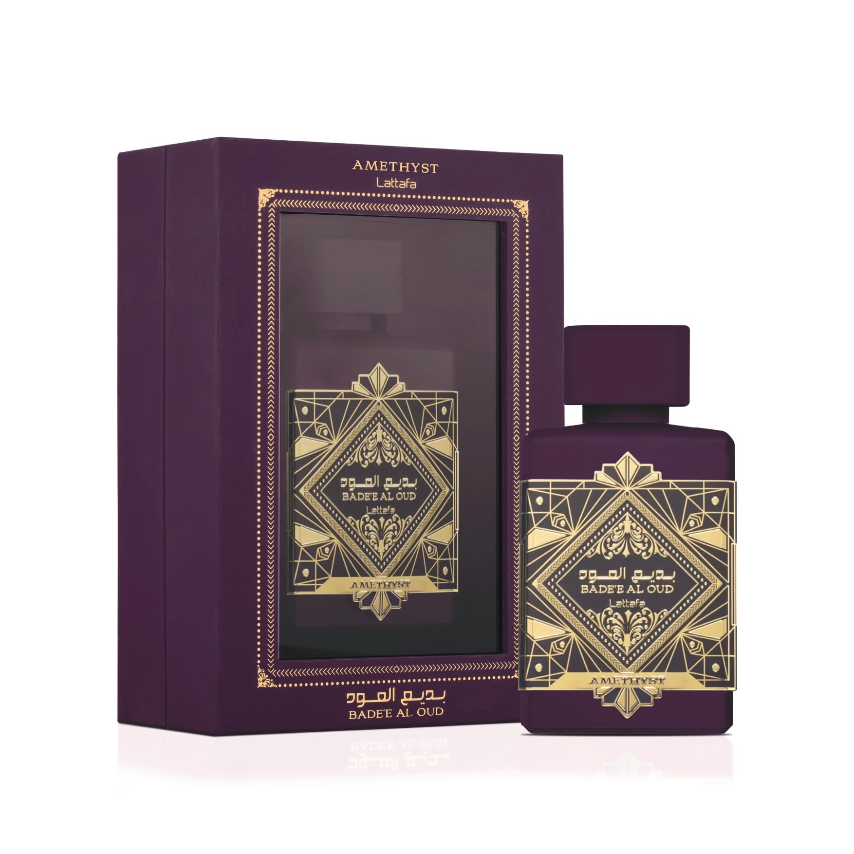Lattafa Bade'e Al Oud Amethyst top-notes pink pepper bergamot sparkle image.