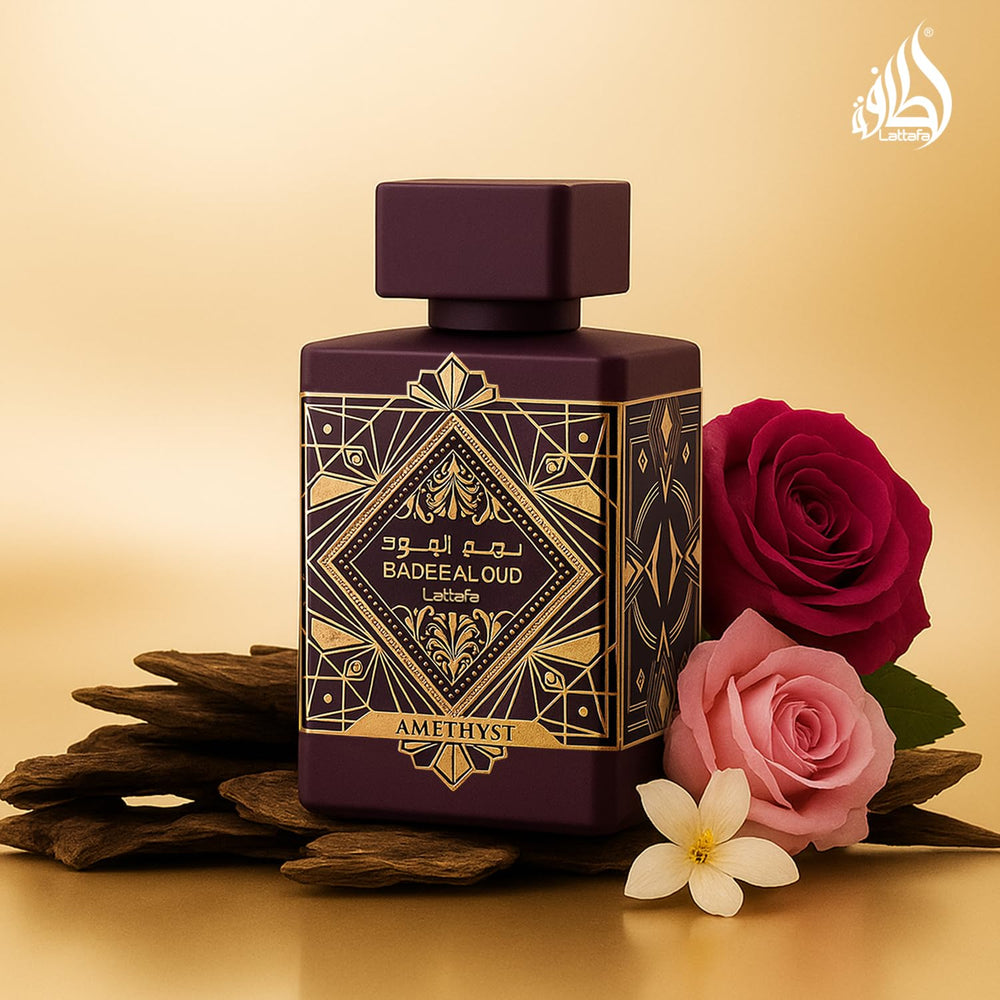 Lattafa Bade'e Al Oud Amethyst vanity display for everyday elegance.