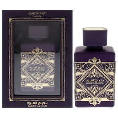 Lattafa Badee Al Oud Amethyst bottle closeup showing warm amber-vanilla scent suitable for evenings
