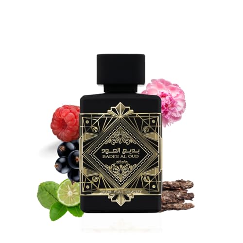 Lattafa Bade'e Al Oud bottle-cap close-up emphasizing oud and musk notes for date nights.