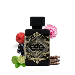 Lattafa Bade'e Al Oud bottle-cap close-up emphasizing oud and musk notes for date nights.
