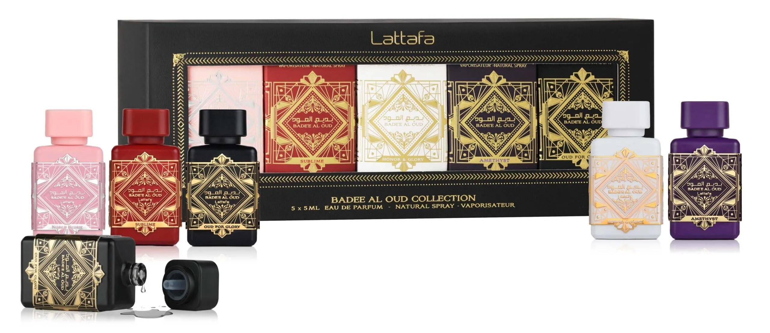 Lattafa Bade’e Al Oud gift-set box shows five 5 ml bottles for versatile scents.
