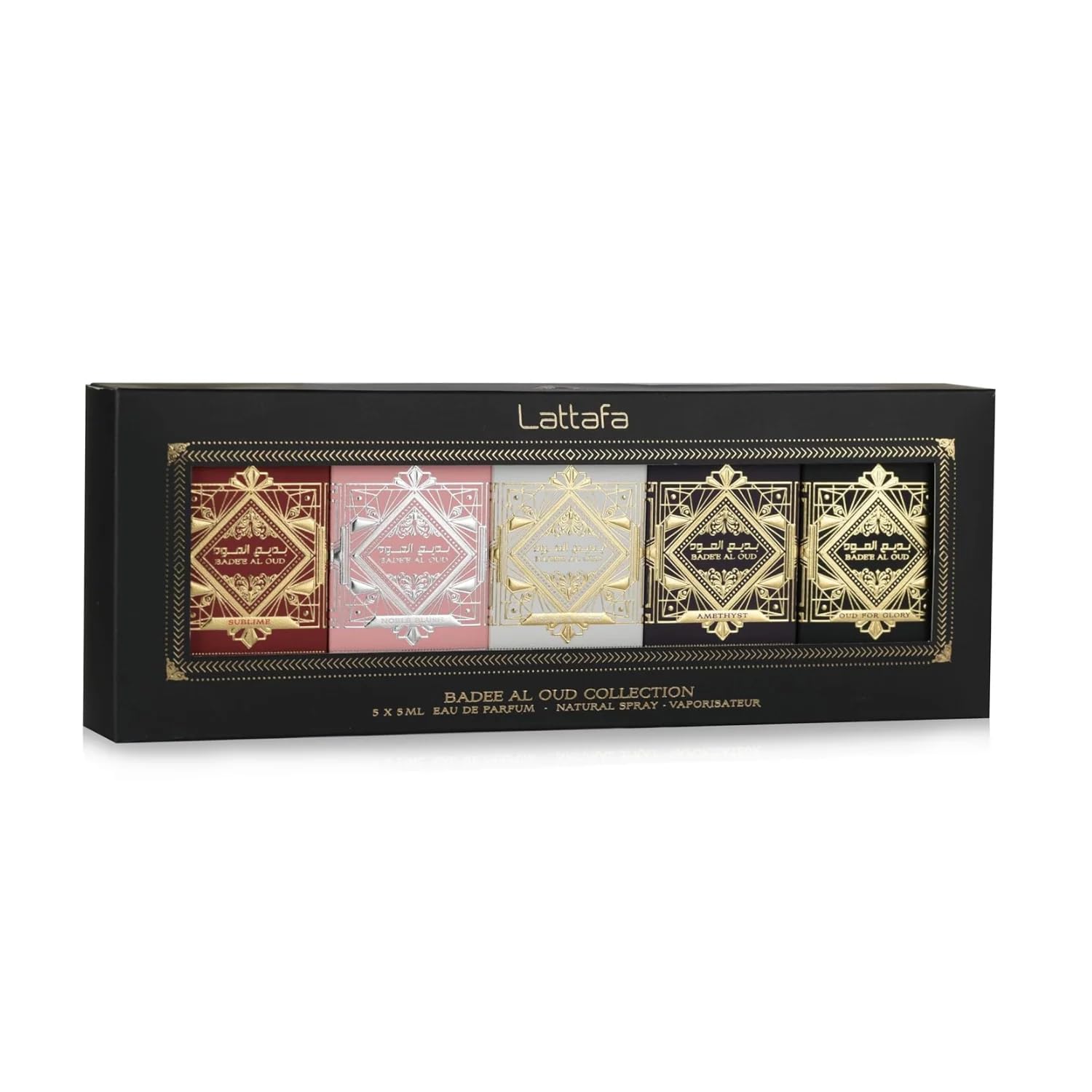 Lattafa Bade’e Al Oud mini-bottles display reveals five distinct moods for experimentation.