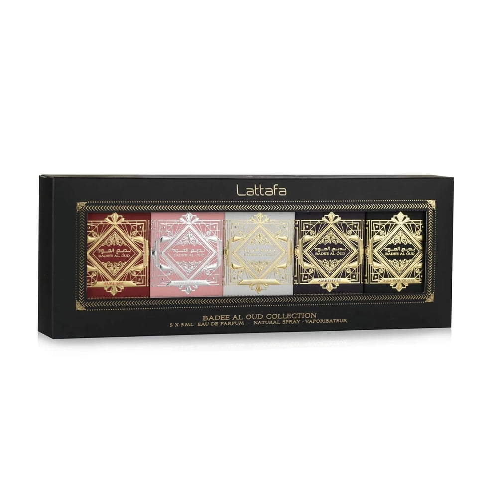 Lattafa Bade’e Al Oud mini-bottles display reveals five distinct moods for experimentation.