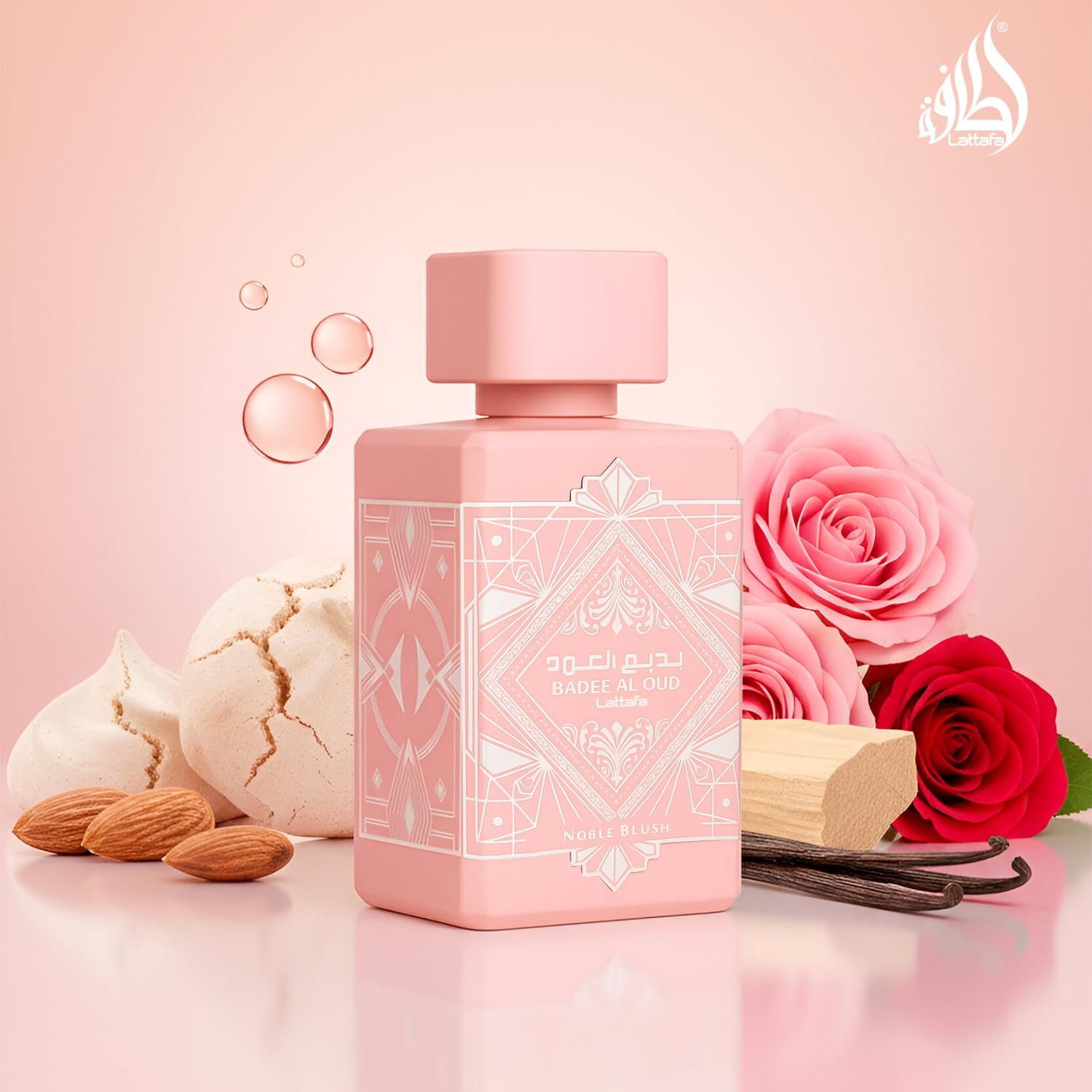 Lattafa Bade’e Al Oud Noble Blush spray action for on-the-go fragrance
