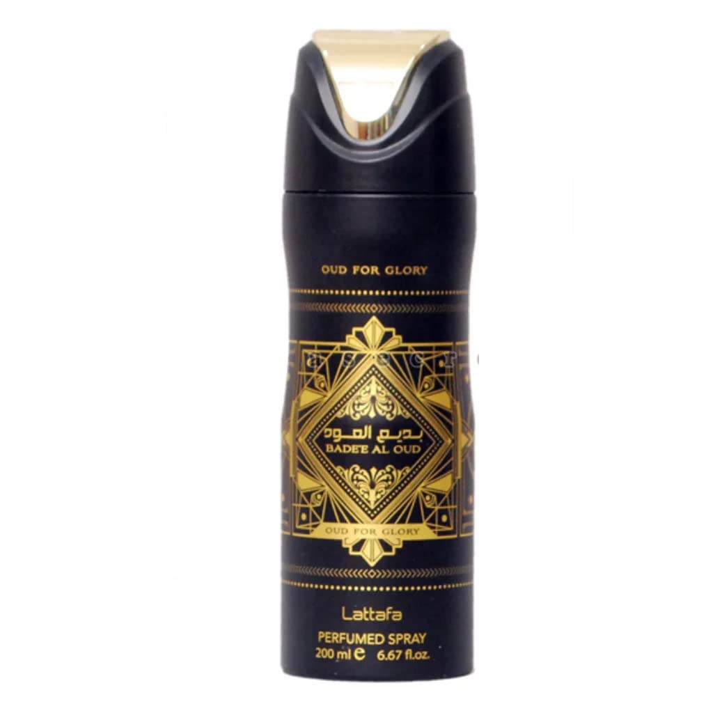 Lattafa Bade'e Al Oud Oud for Glory deodorant spray bottle offering all-day freshness.