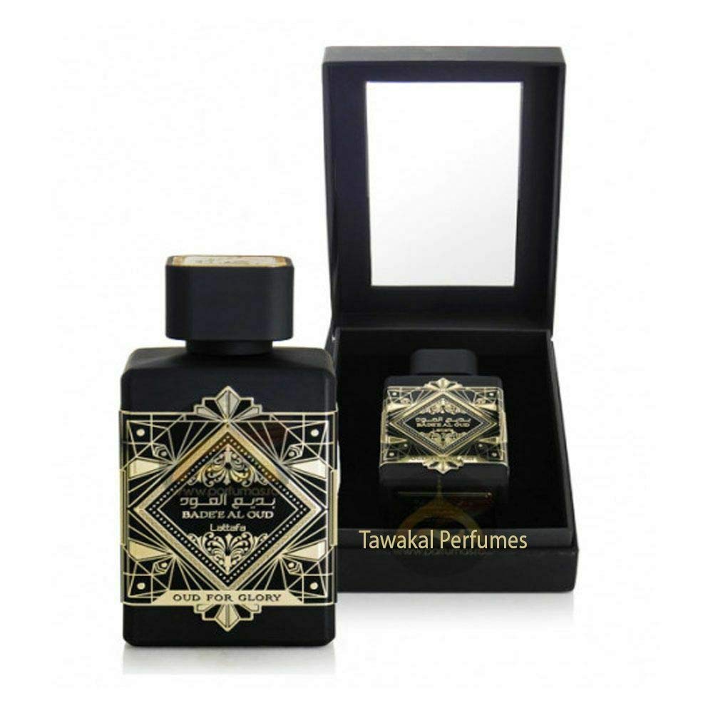 Lattafa Bade’e Al Oud Oud for Glory outer box conveys gift-worthiness and black-tie appeal.