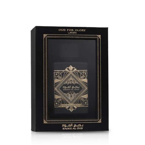 Lattafa Bade'e Al Oud amber-wood tone close-up suggests luxurious fragrance layering.