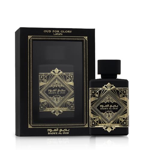 Lattafa Bade'e Al Oud packaging box shot to showcase unisex oriental appeal.