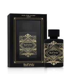 Lattafa Bade'e Al Oud packaging box shot to showcase unisex oriental appeal.