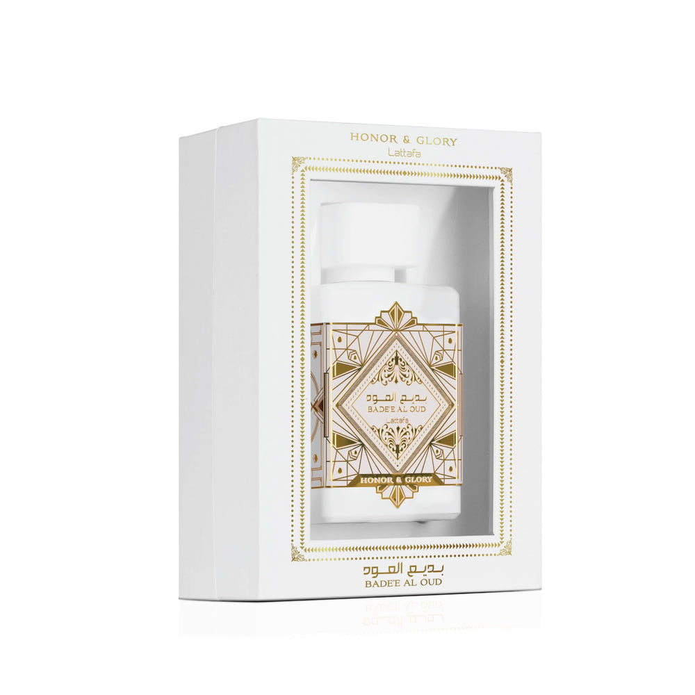 Lattafa Bade'e Al Oud Honor & Glory 100ml bottle displays generous, long-lasting fragrance option.