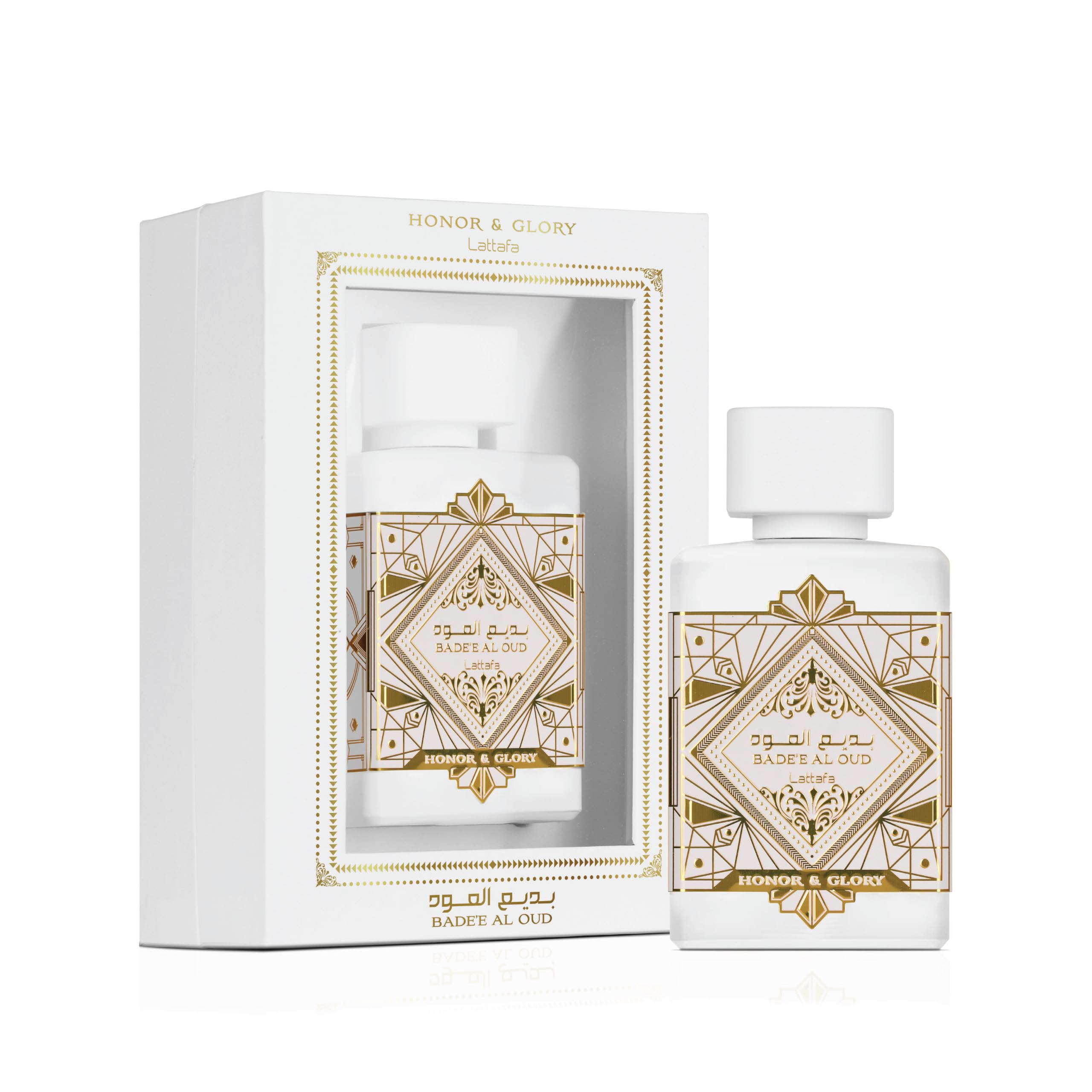 Lattafa Bade'e Al Oud Honor & Glory base notes reveal creamy, woody depth with vanilla and moss.