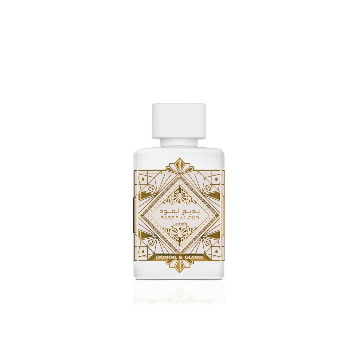 Lattafa Bade'e Al Oud Honor & Glory bottle shot showcases unisex fragrance for everyday wear.