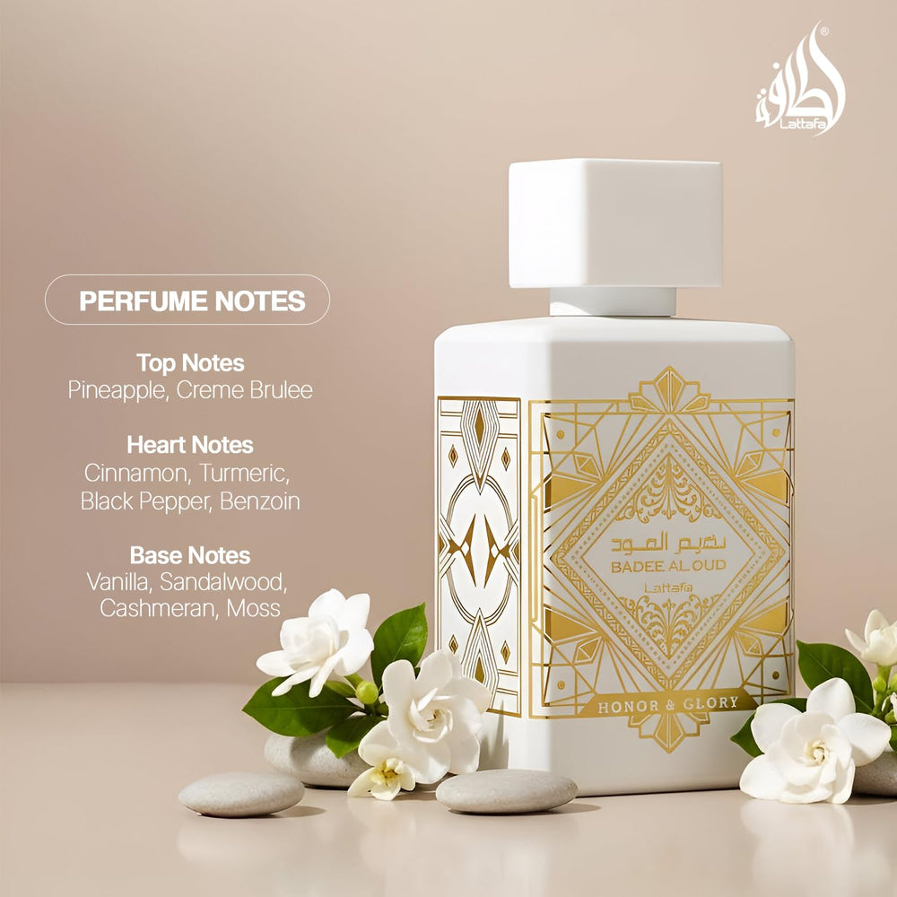 Lattafa Bade'e Al Oud Honor & Glory top notes closeup highlighting pineapple and creme brulee opening.