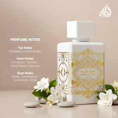 Lattafa Bade'e Al Oud Honor & Glory top notes closeup highlighting pineapple and creme brulee opening.