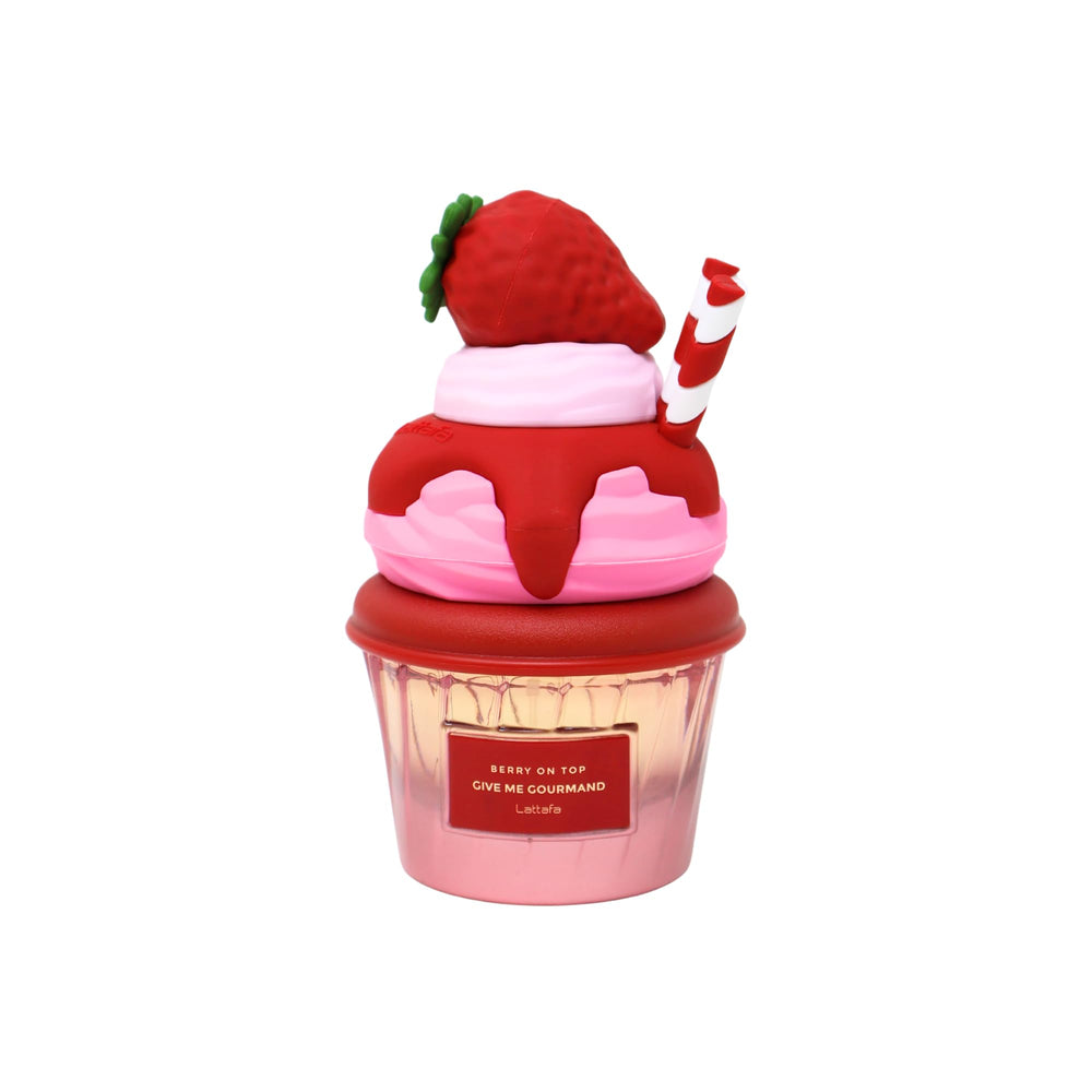 Lattafa Berry On Top bottle closeup highlights label and premium gourmand aroma