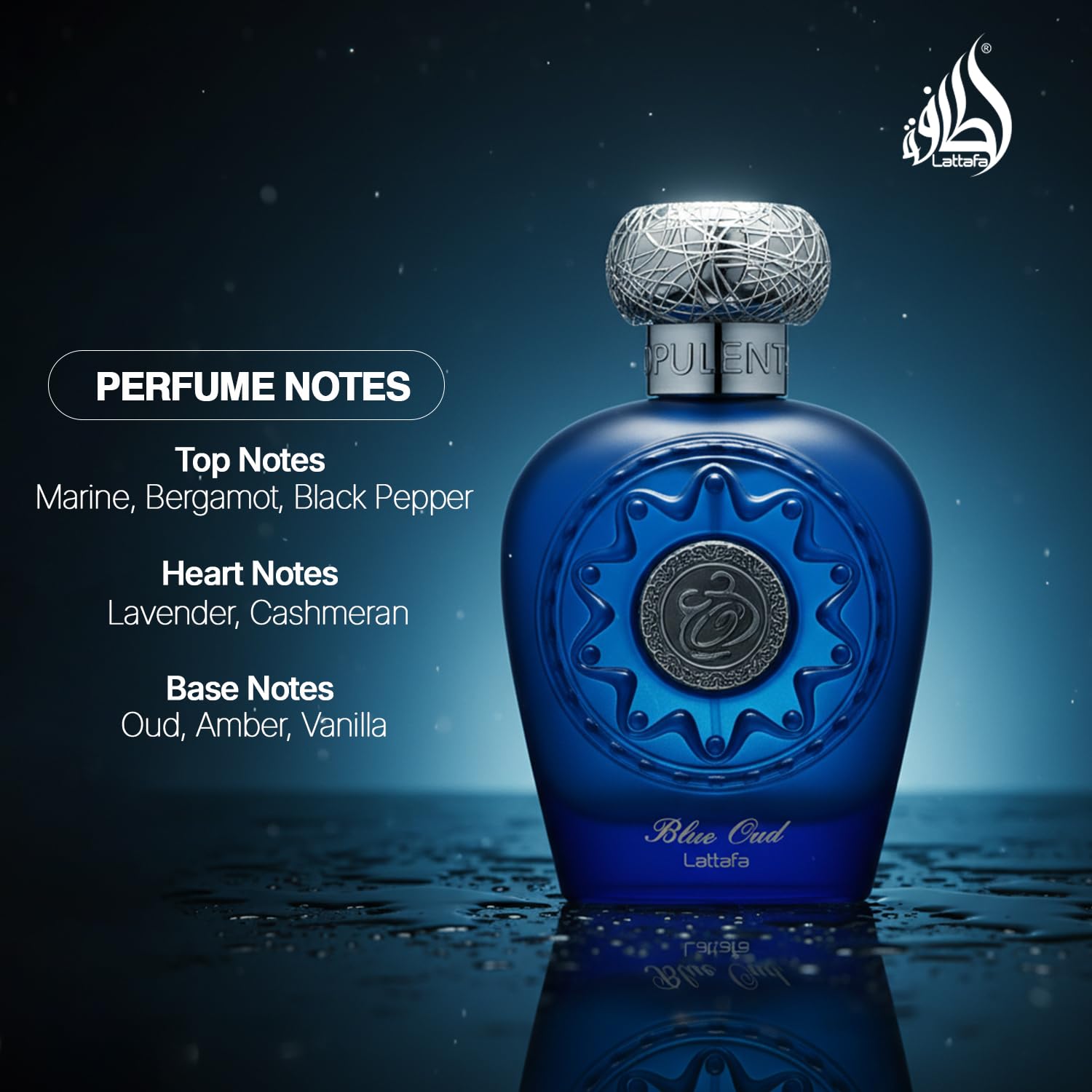 Lattafa Blue Oud amber-woody note conveys warm inviting aura