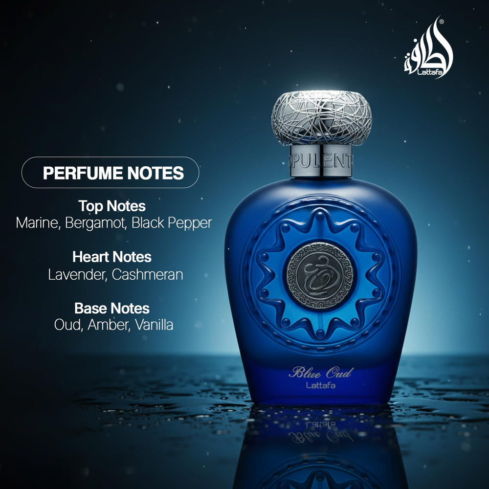 Lattafa Blue Oud amber-woody note conveys warm inviting aura