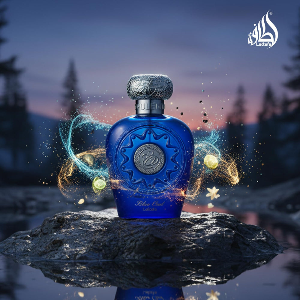 Lattafa Blue Oud base notes image signals long lasting rich finish
