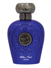Lattafa Blue Oud bottle-front highlights amber woody profile for daily wear