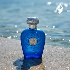 Lattafa Blue Oud cap closeup emphasizes premium packaging and scent quality