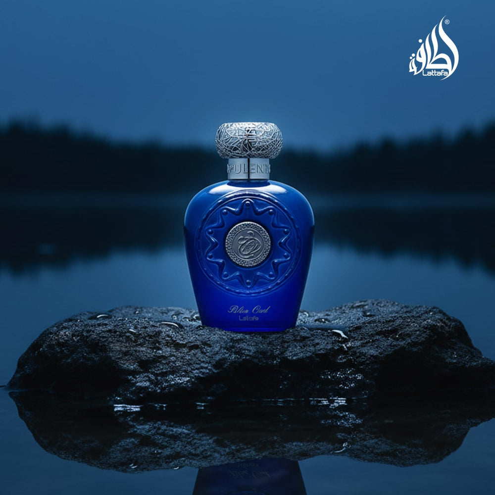 Lattafa Blue Oud unisex use photo conveys versatile scent for day and night