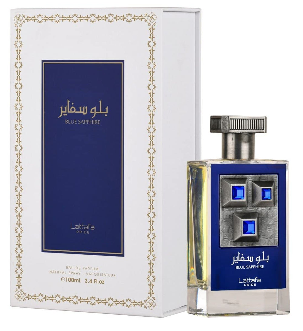 Lattafa Blue Sapphire bottle close-up highlights a bold, sophisticated scent ideal for evenings.